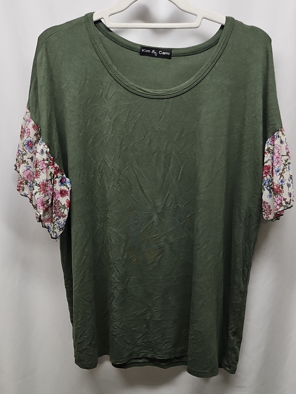 Kim & Cami Olive Green Tee with Floral Puff Sleeves